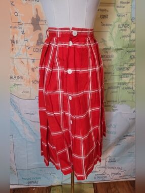 Vintage Binder Sportswear Boston Red Plaid Button-Front Midi Skirt Size 6